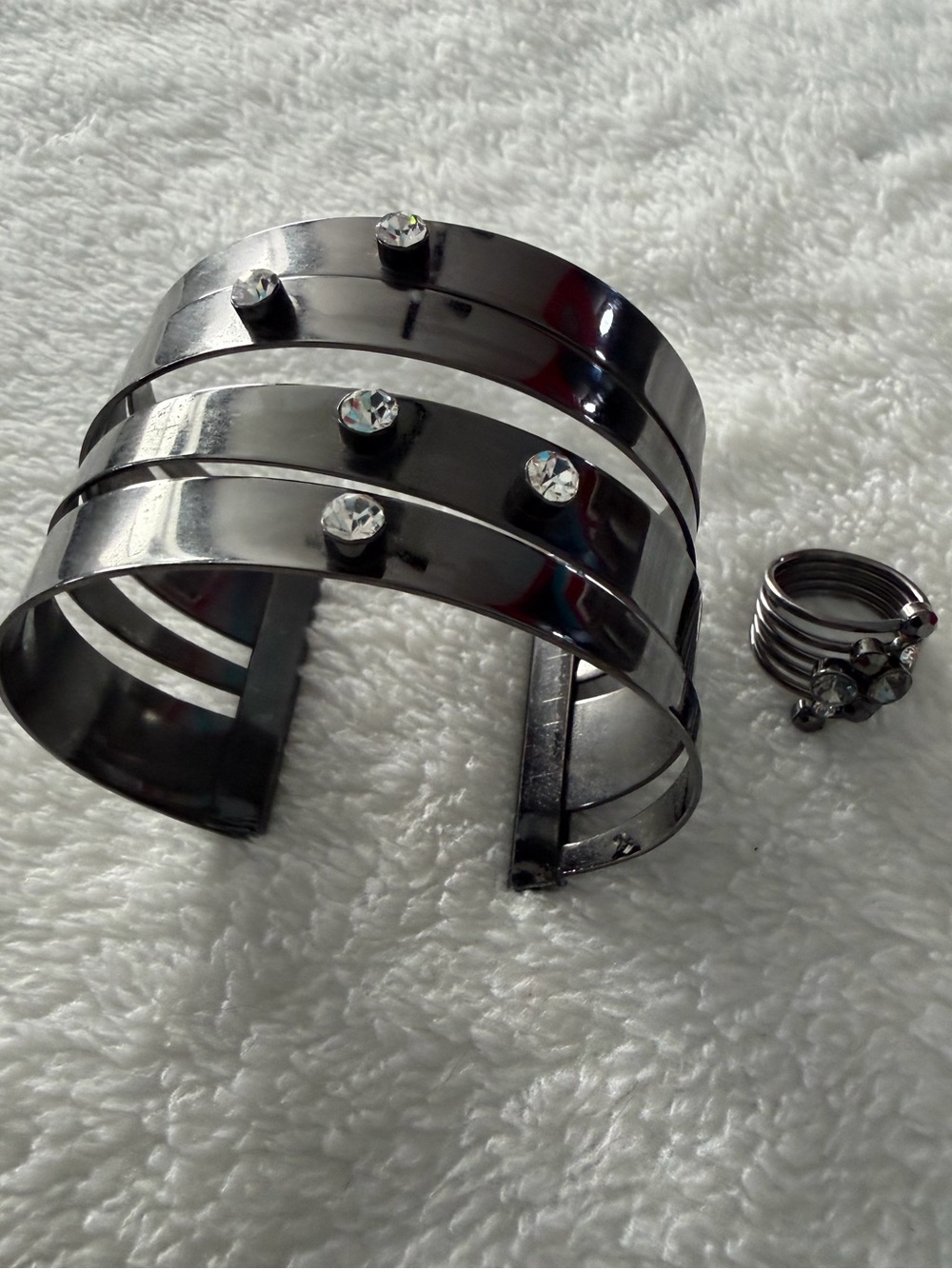 Black Steel Cuff Bracelet with Crystal Accents and Ring